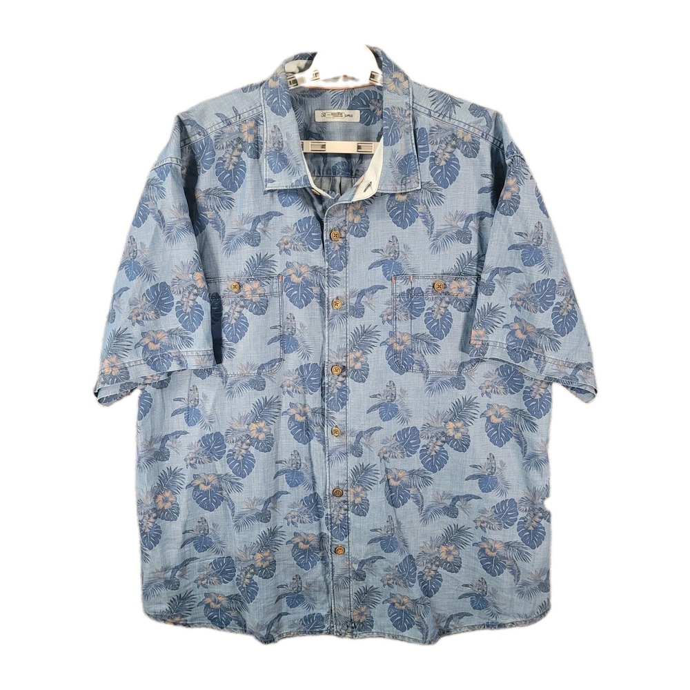 Tommy Bahama Denim Style Shirt Men 2XL Blue Button Up Floral Leaves Short Sleeve